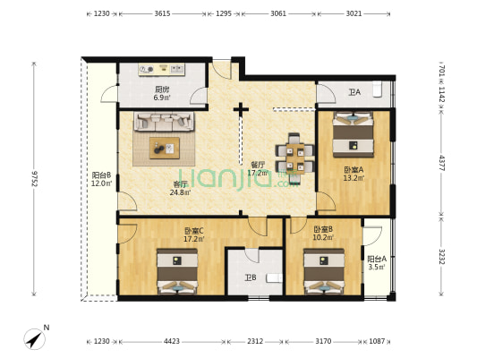 山内花园 3室2厅2卫 127平方