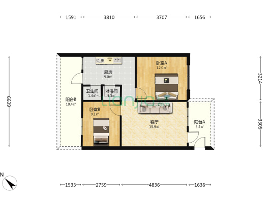 石油公司宿舍 2室1厅2卫 69平方