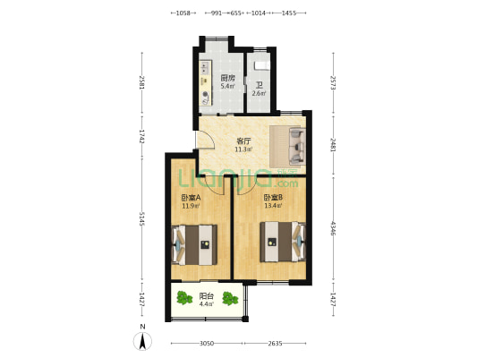 上海北路 2室1厅1卫 60平方