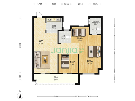 建发领郡 3室1厅2卫 100平方