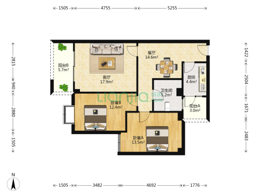 永乐苑 2室2厅1卫 87平方