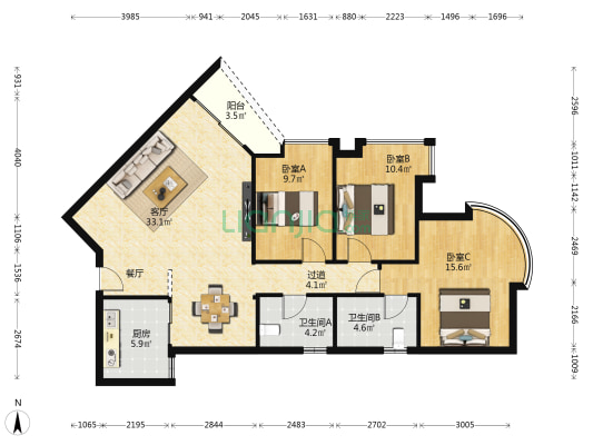 丽景湾花园 3室1厅2卫 113平方