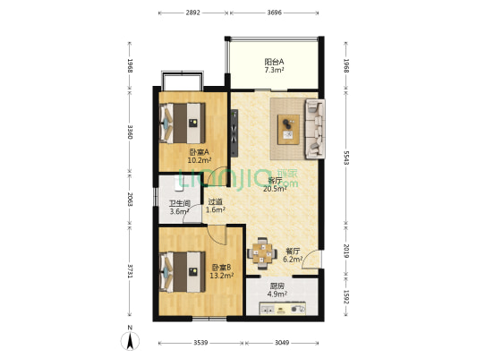 名仕华府 2室2厅1卫 86平方