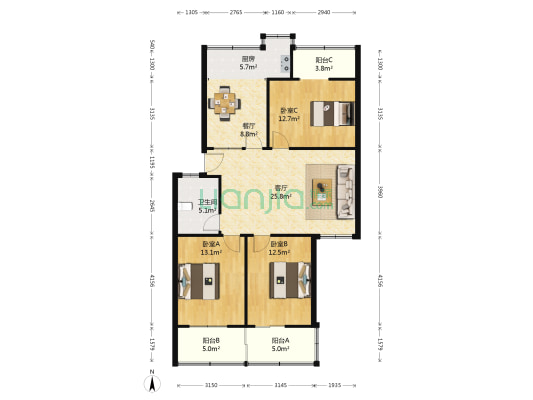 小洪山西区 3室2厅1卫 113平方