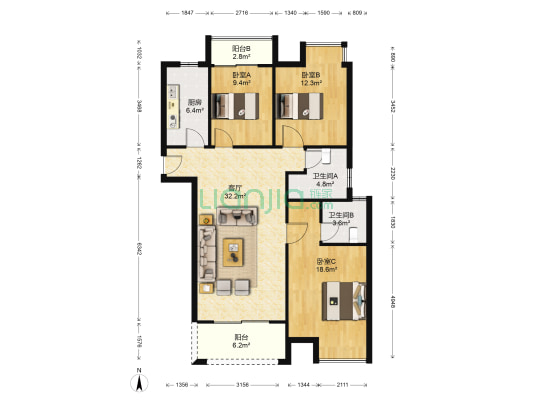 锦源锦绣天地 3室1厅2卫 115平方
