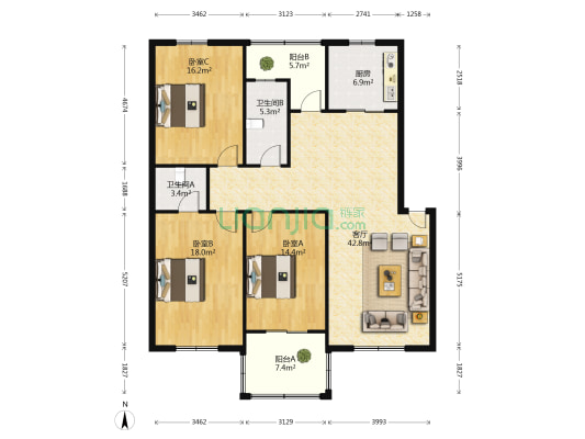 康居小区 3室1厅2卫 143平方