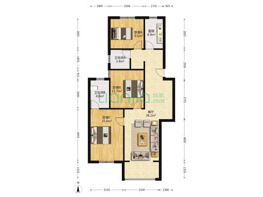 望海公寓 3室1厅2卫 125平方