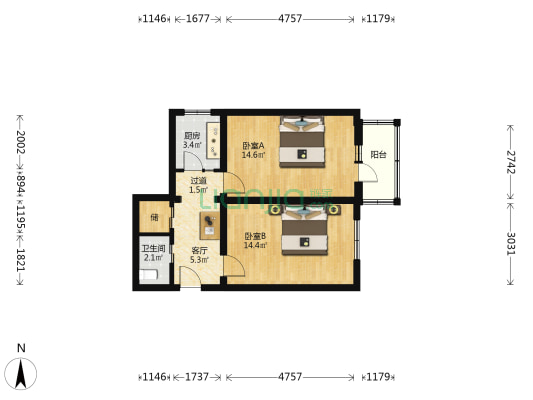 东四块玉南街2号院 2室1厅1卫 59平方