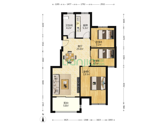 蓝天星港 3室1厅1卫 85平方