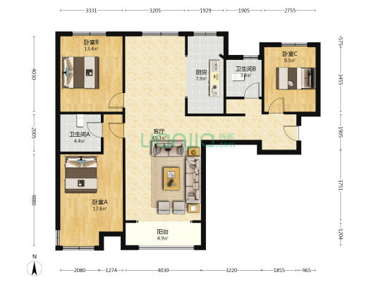 金品时代 3室2厅 南 北-户型图