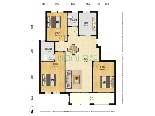 海润花园 3室1厅2卫 128平方