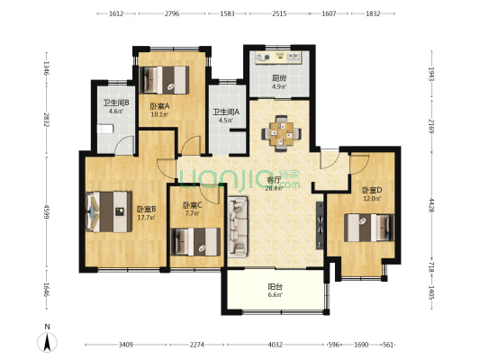 新保弘领东苑A区 4室1厅2卫 132平方