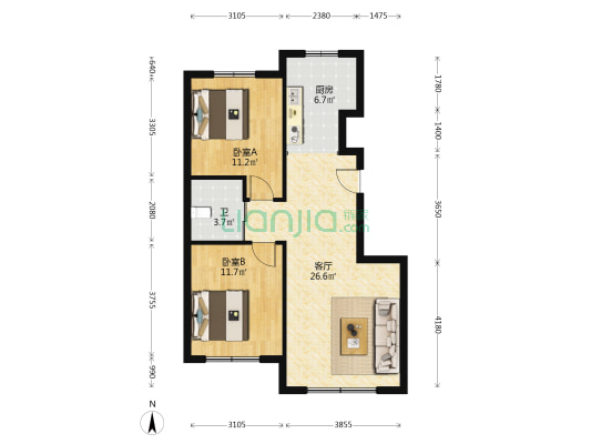 华大城五期华锦 2室1厅1卫 87平方