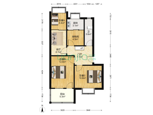 市人大机关宿舍 3室1厅1卫 74平方