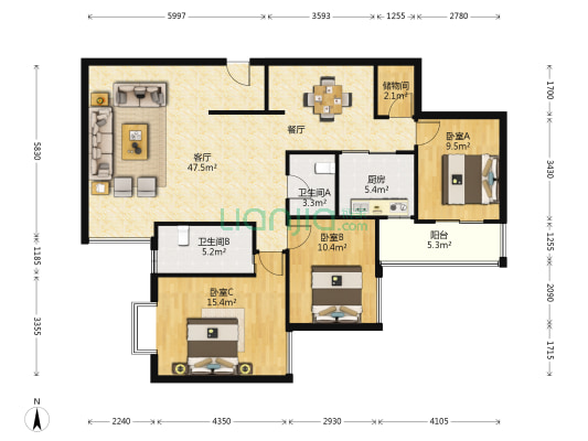 罗宾森广场一期 3室1厅2卫 147平方