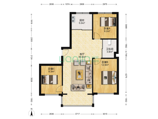 广泽香林漫步 3室1厅1卫 105平方