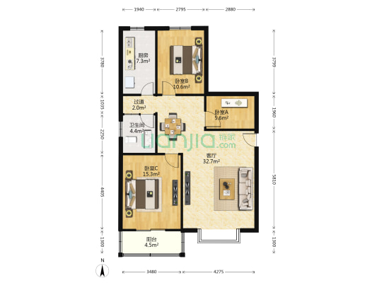 嘉秀园 3室1厅1卫 105平方