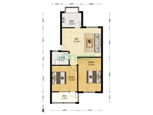 木材公司家属院 2室1厅1卫 77平方