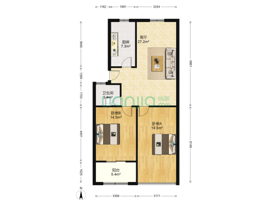 马岗社区恢复楼 2室1厅1卫 92平方