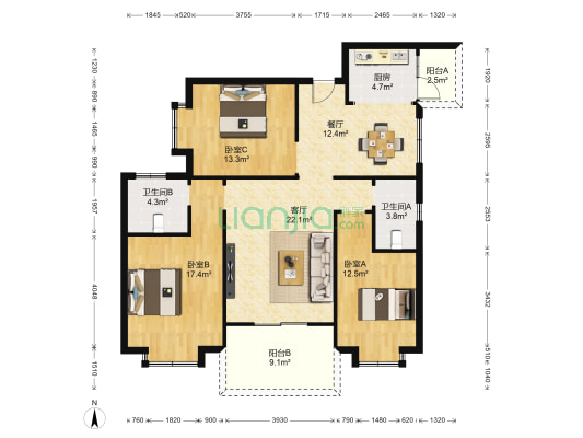 玫白兰丽舍二期B区 3室2厅2卫 116平方