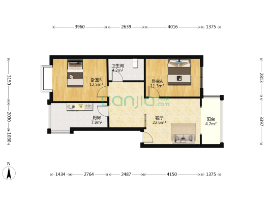 九里阳光 2室1厅1卫 75平方