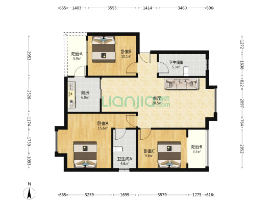 花园锦都 3室1厅2卫 102平方