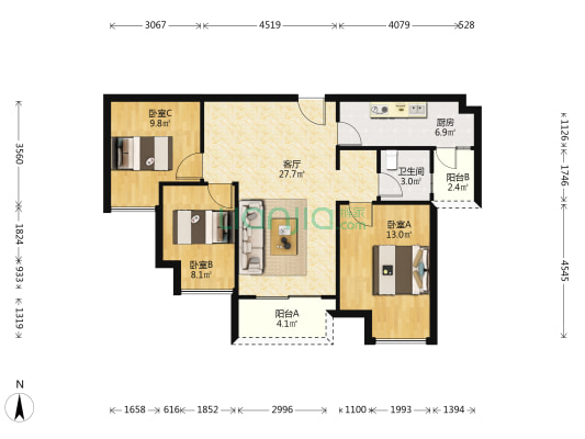 铂爵郡二期 3室1厅1卫 88平方