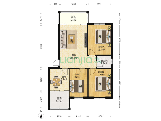 方新北区 3室2厅1卫 100平方