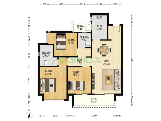 锦官天宸 3室1厅2卫 110平方
