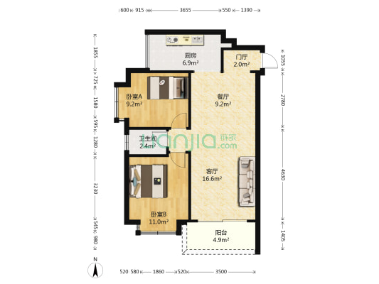 花香四季雅苑 2室2厅1卫 76平方