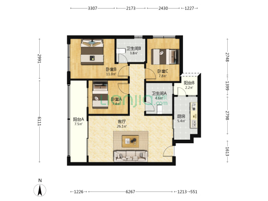 中梁星海悦 3室1厅2卫 88平方