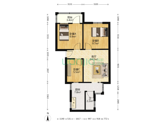 外语外贸学院 3室1厅1卫 65平方