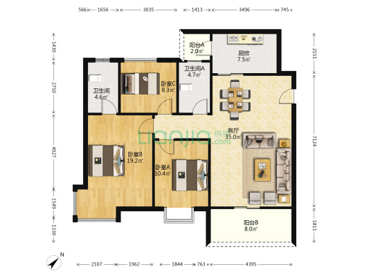 宏新富苑 3室1厅2卫 115平方
