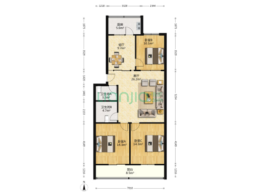 陕西电力工程开发公司家属院 3室2厅2卫 120平方