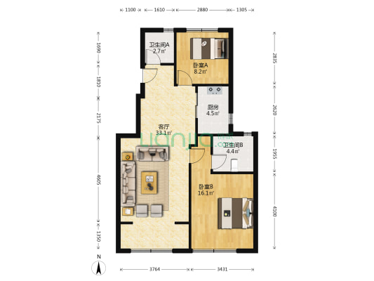 尚湖玫瑰园东区 2室1厅2卫 90平方