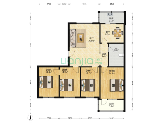 丰产路31号院 4室2厅1卫 119平方