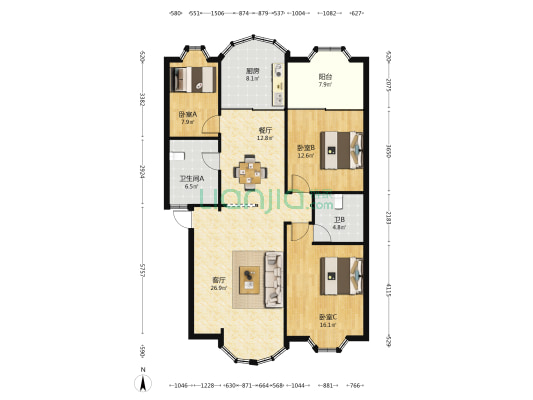 新青年商住楼 3室2厅2卫 126平方