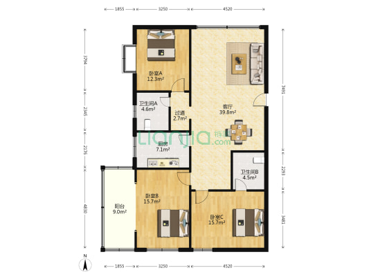 裕园大厦 3室1厅2卫 133平方