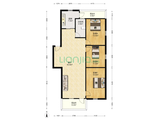 恒康花园 3室1厅1卫 106平方