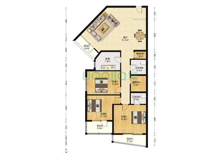 3室1厅2卫171.49㎡-北京风林绿洲户型图