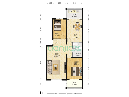 城南楼 2室2厅1卫 86平方