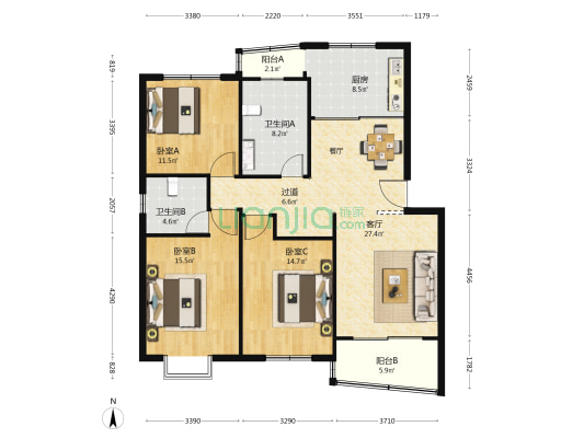 都林龙苑 3室1厅2卫 124平方