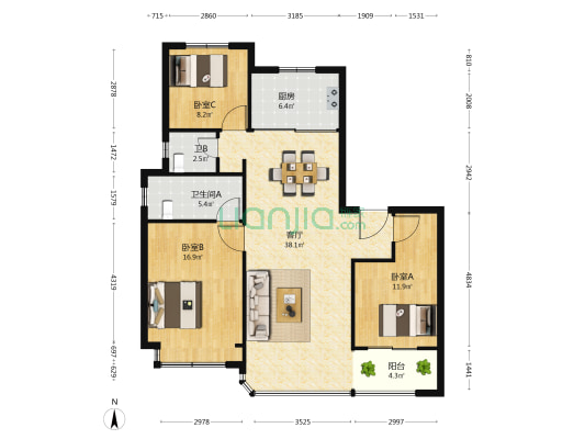 时代大观瑞园 3室1厅2卫 126平方