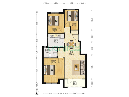 中海牧雲山四区(南院) 3室1厅1卫 95平方