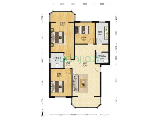 鑫汇丰家园B区 3室1厅2卫 113平方