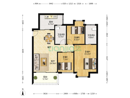 蓝溪枫景 3室1厅2卫 93平方