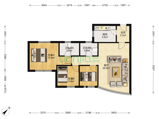 紫荆花园三期 3室1厅2卫 84平方