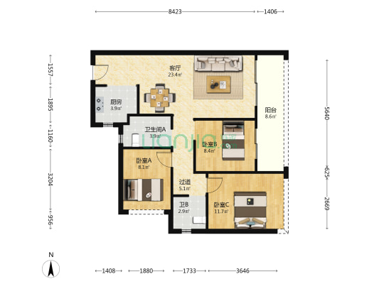建发缦云 3室1厅2卫 85平方