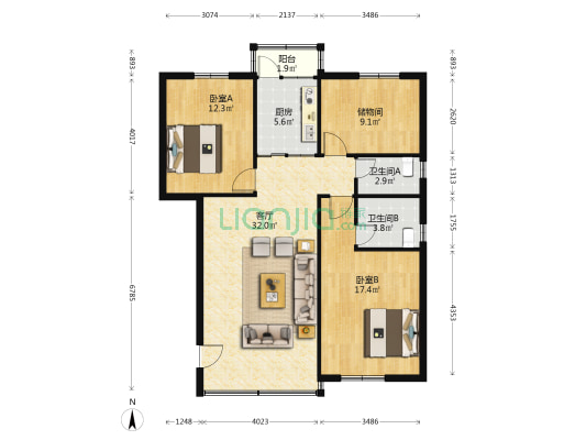 新宇楼 2室1厅2卫 98平方