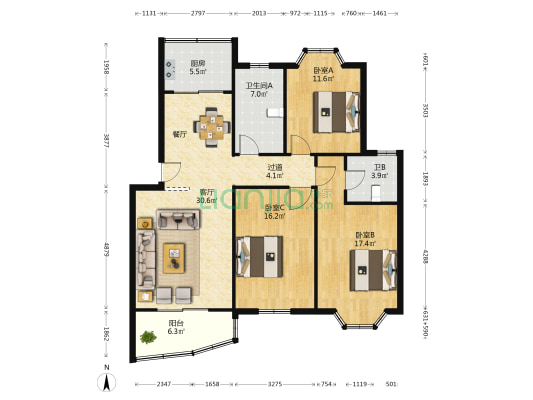 天天嘉苑北区 3室1厅2卫 120平方